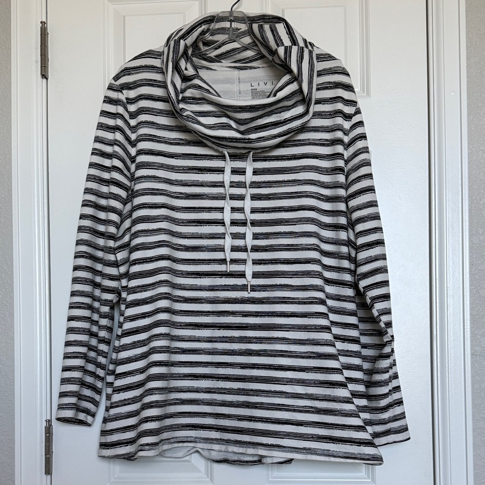 Livi Active Black and White Striped Cowl Neck Sweater, 3X
